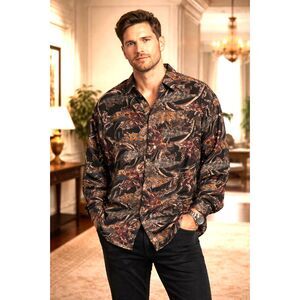 B Max Vintage Paisley Print Button Up Long Sleeve Men's Silk T-shirt Size XL